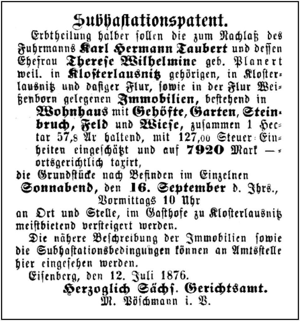 1876-07-12 Kl Versteigerung Taubert